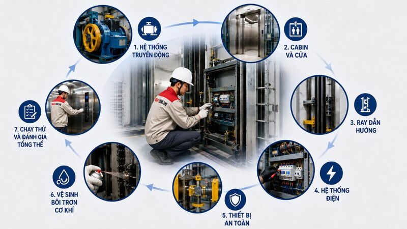 Những hạng mục quan trọng khi bảo trì thang máy công nghiệp