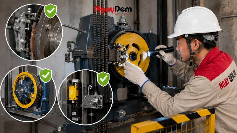 Kiểm tra máy kéo, cáp tải và hệ truyền động