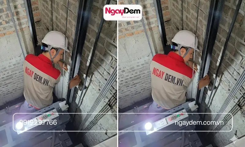 Thi công lắp đặt thang máy tòa nhà Beta Office - căn chỉnh đường ray dẫn hướng 
