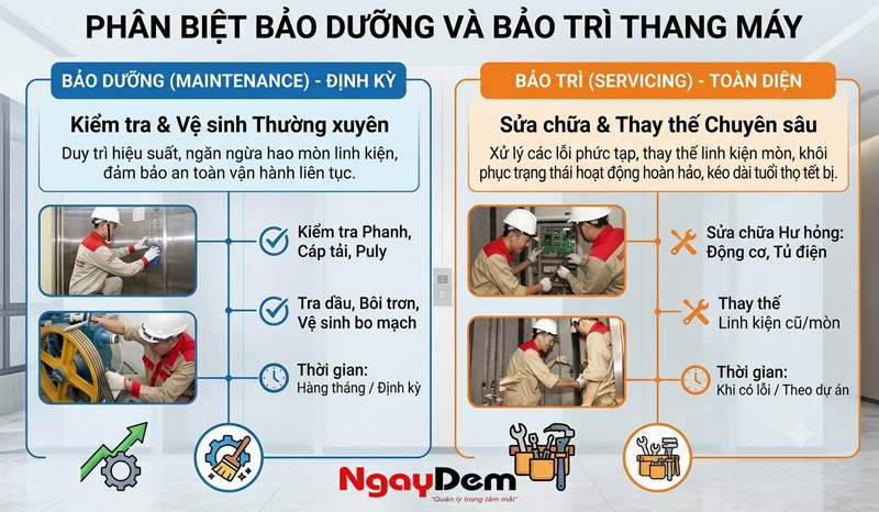 Phân biệt bảo dưỡng và bảo trì thang máy