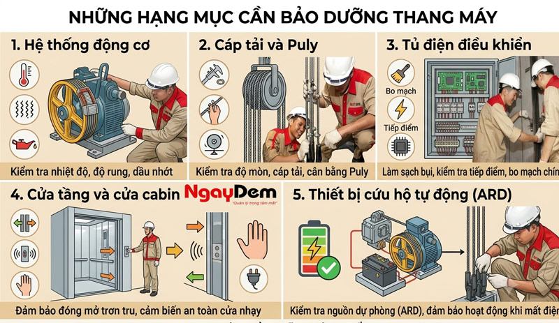 Những hạng mục cần bảo dưỡng thang máy