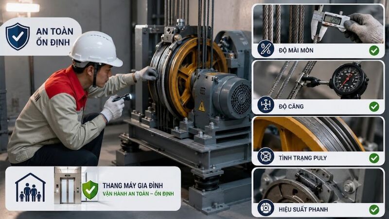 Kiểm tra máy kéo, cáp tải và thắng cơ