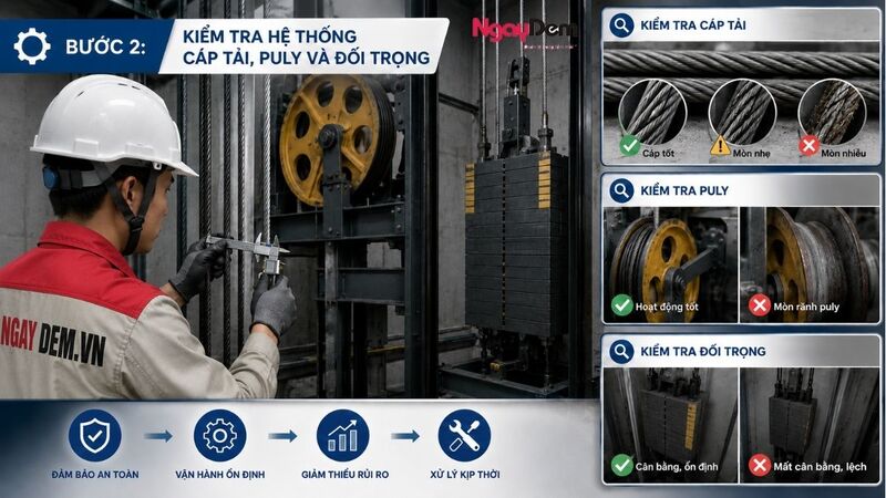 Kiểm tra hệ thống cáp tải, puly và đối trọng