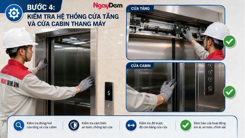 Kỹ thuật viên kiểm tra hệ thống cửa tầng và cửa cabin