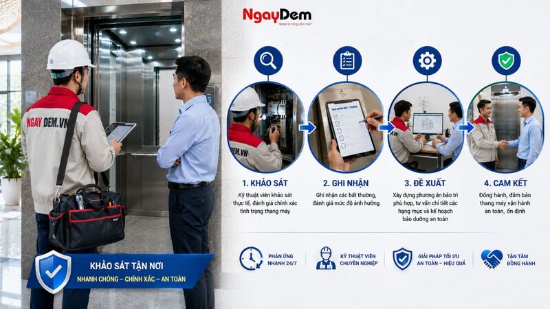Tiếp nhận yêu cầu và khảo sát hiện trạng của thang máy