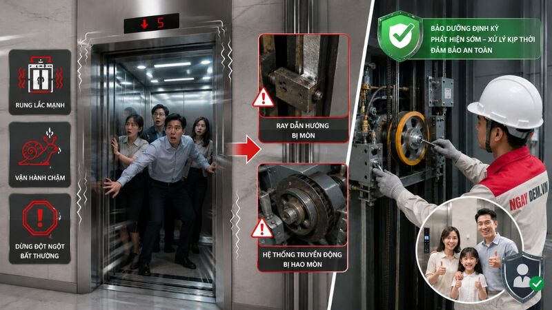 Thang vận hành rung lắc, chậm hoặc dừng đột ngột bất thường