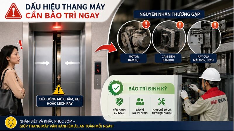Cửa tầng và cửa cabin đóng mở không ổn định, kẹt hoặc lệch ray