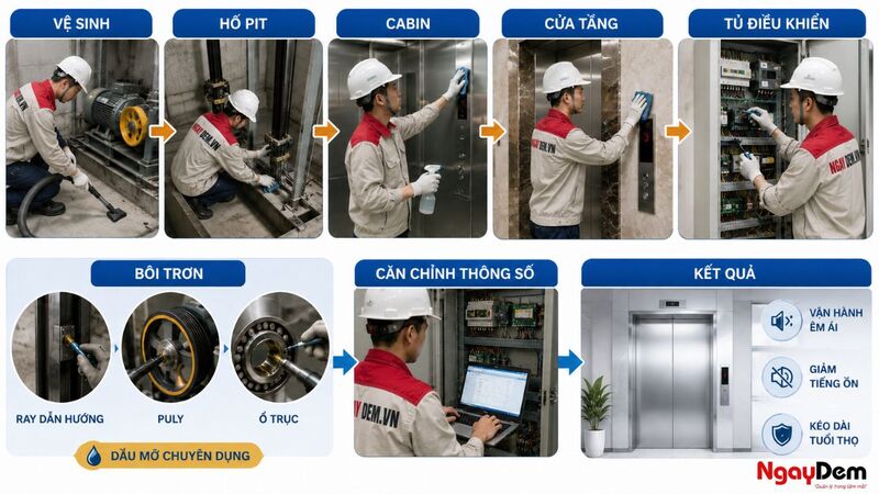 Vệ sinh, bôi trơn và căn chỉnh thang máy