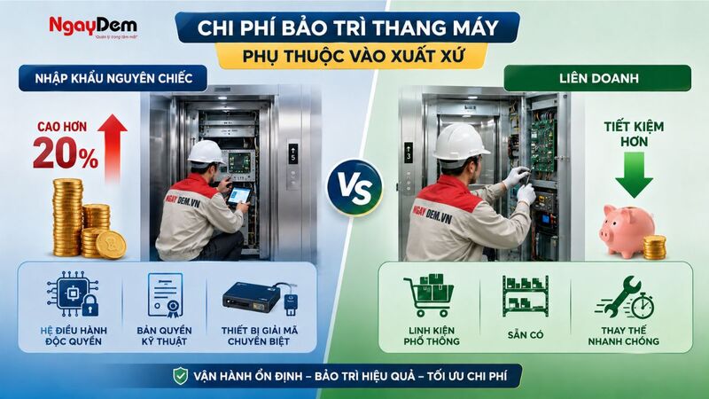 Loại thang máy liên doanh hay nhập khẩu là 1 yếu tố quyết định chi phí bảo trì thang máy