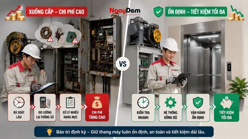 Tình trạng hiện tại của thang máy và linh kiện sẽ ảnh hưởng đến chi phí bảo trì thang máy gia đình