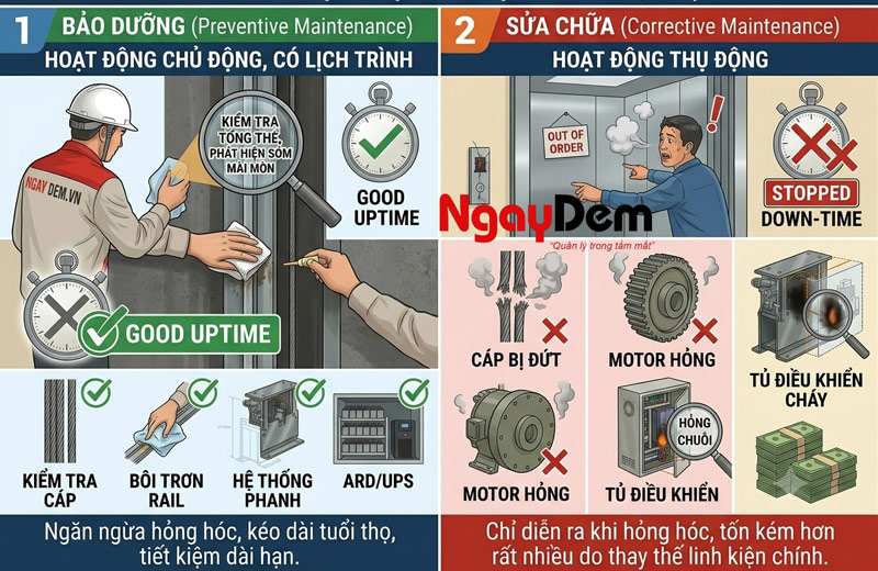 Sự khác nhau giữa bảo dưỡng và sửa chữa thang máy