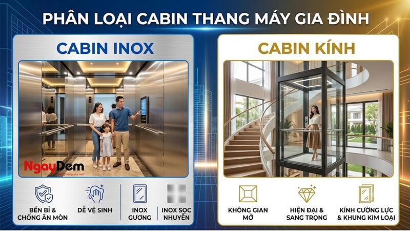 Phân loại thang máy gia đình theo vật liệu cabin