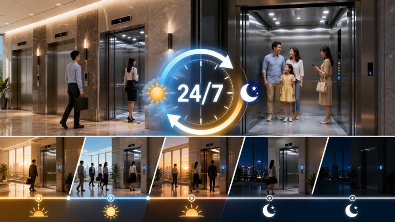 Hệ thống thang máy hoạt động liên tục 24/7