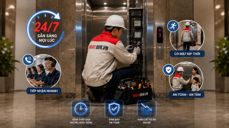 Dịch vụ bảo trì khắc phục thang máy Cơ Điện Ngày Đêm - Xử lý nhanh, an toàn, đúng kỹ thuật