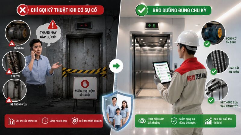 Chỉ bảo trì khi thang gặp sự cố