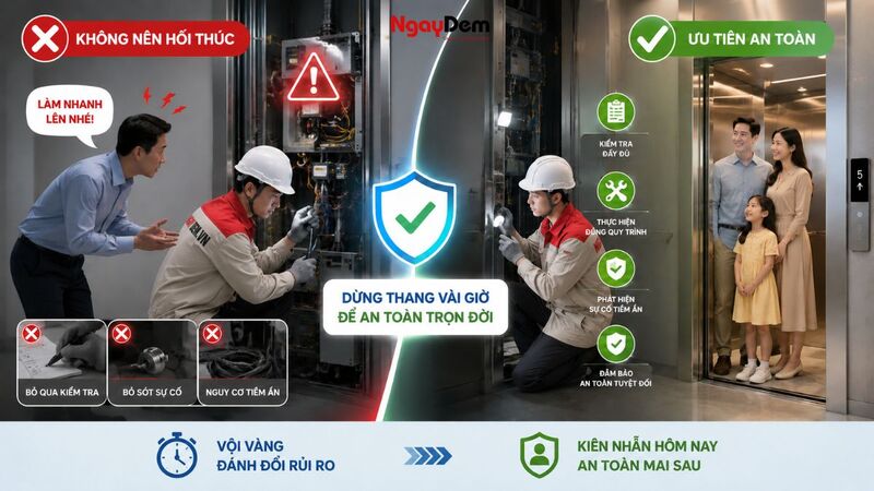 Không nên yêu cầu bảo trì thật nhanh để giảm thời gian dừng thang