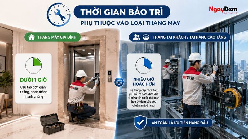 Thời gian bảo trì xong thang máy phụ thuộc vào loại thang máy đang sử dụng