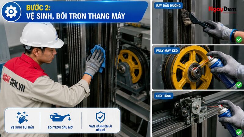 Bước 2: Vệ sinh, bôi trơn các bộ phận của thang máy