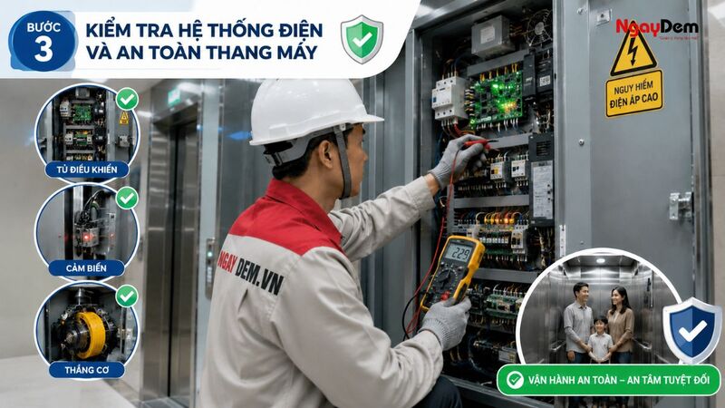 Bước 3: Kiểm tra hệ thống điện và an toàn của thang máy