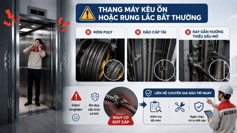 Thang máy phát ra tiếng ồn lạ hoặc rung lắc bất thường