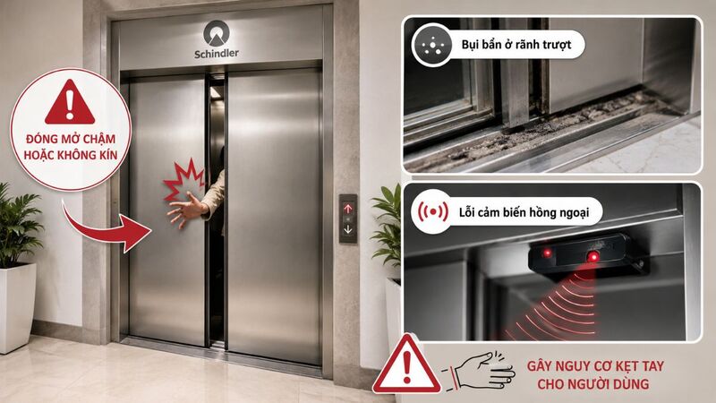 Cửa thang đóng mở chậm, kẹt hoặc không khép kín