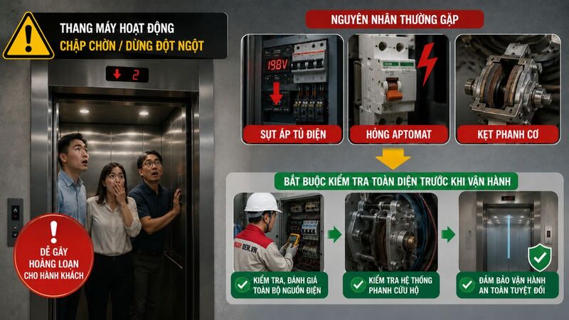 Thang máy hoạt động chập chờn hoặc bị ngắt giữa hành trình