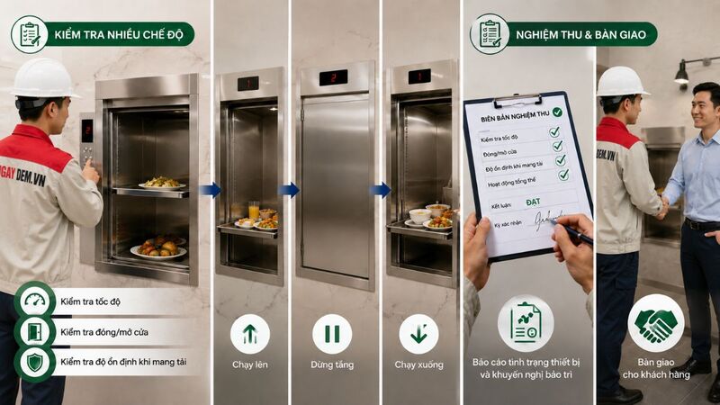 Chạy thử tải và nghiệm thu sau khi bảo trì thang máy tải thực phẩm