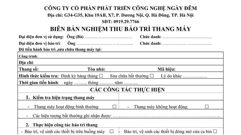 Biên bản nghiệm thu bảo trì thang máy