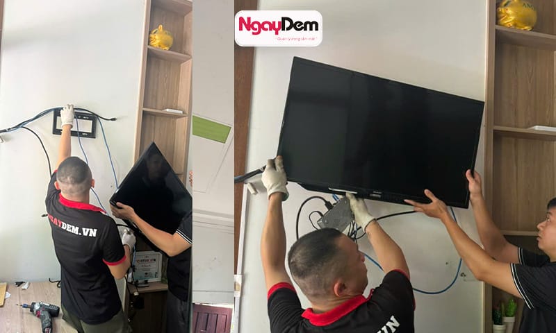 Thực hiện lắp đặt màn hình để check camera lắp đặt camera cho Học Viện Mầm Non Đa Trí Tuệ AMI