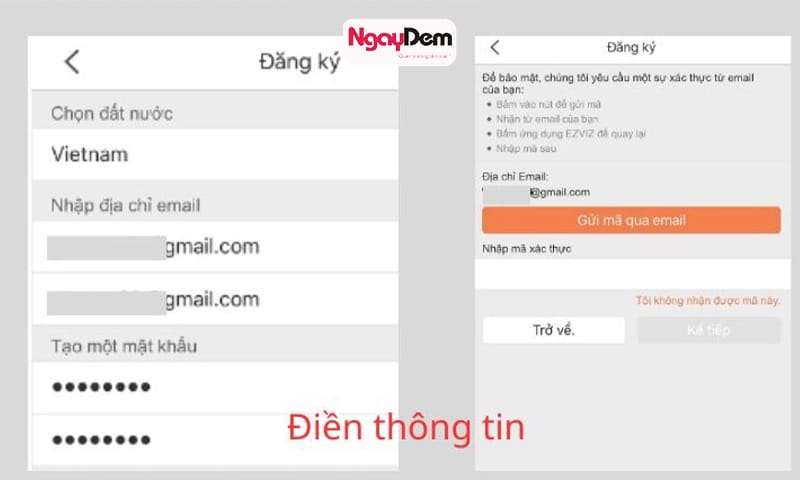 Điền thông tin và click "gửi mã" => Nhập mã sau đó click vào "kế tiếp" lắp đặt camera Ezviz