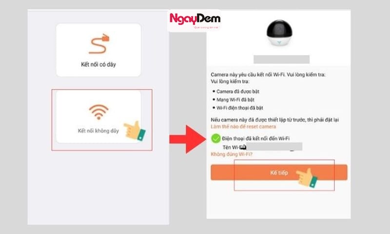 Chọn kết nối không dây, chọn wifi => Click "kế tiếp" lắp đặt camera Ezviz