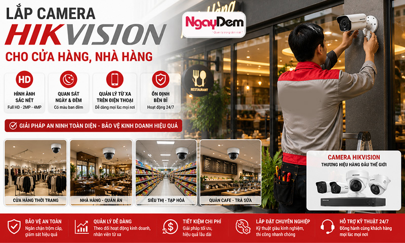 Thi công lắp đặt camera Hikvision cho nhà hàng, cửa hàng, shop,... chuyên nghiệp uy tín tại Cơ điện Ngày Đêm lắp đặt camera Hikvision