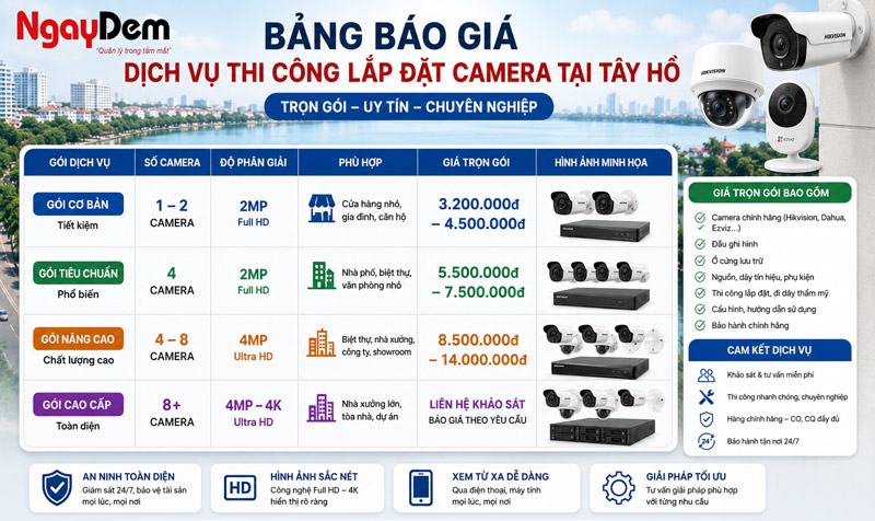 Bảng báo giá dịch vụ thi công lắp đặt camera tại Tây Hồ trọn gói