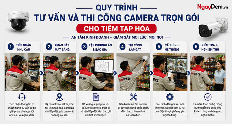 Quy trình tư vấn và thi công camera trọn gói cho tiệm tạp hóa Quy trình tư vấn và thi công camera trọn gói cho tiệm tạp hóa
