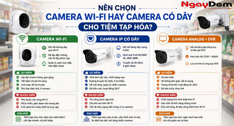 Nên chọn camera Wi-Fi hay camera có dây cho tiệm tạp hóa? Nên chọn camera Wi-Fi hay camera có dây cho tiệm tạp hóa?