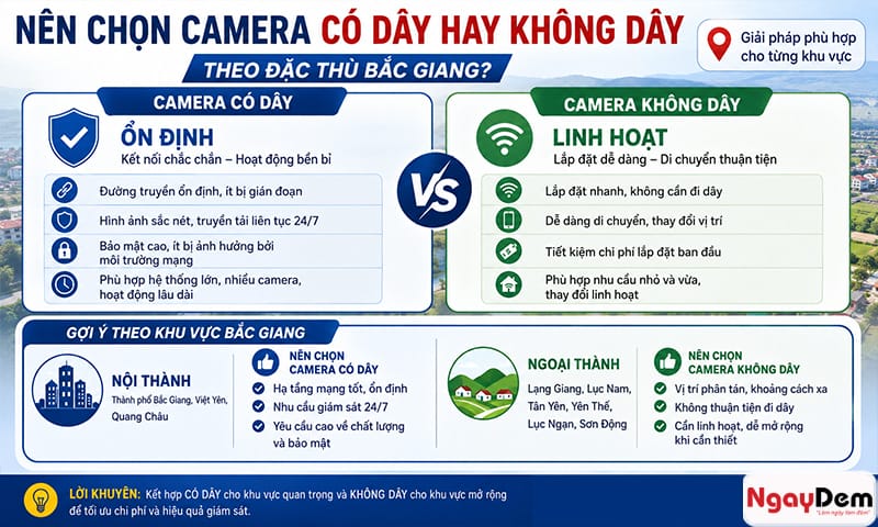 Lựa chọn camera có dây và không dây phù hợp với công trình lắp camera tại Bắc Giang