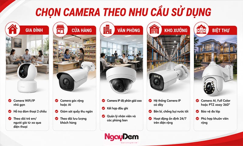 Chọn camera cho nhà ở, cửa hàng và nhà máy,.. phù hợp quản lý dễ dàng và có hình ảnh rõ nét Nên lắp đặt camera loại nào