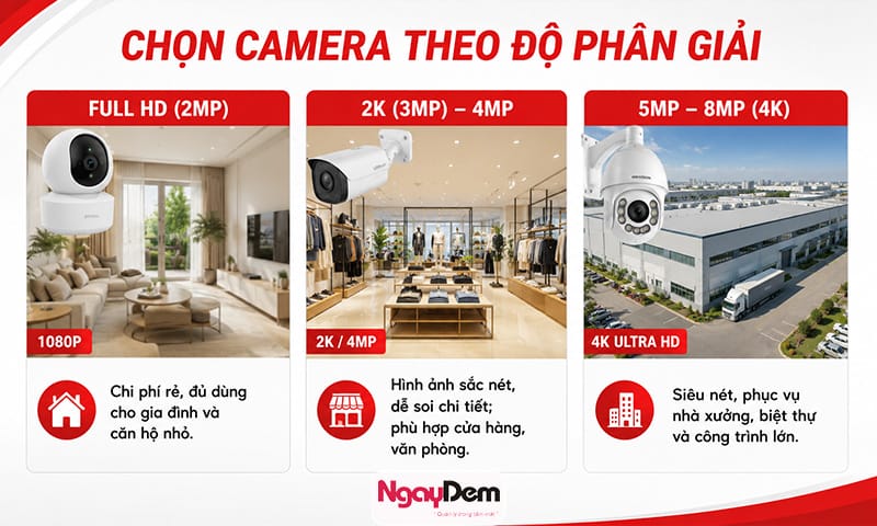 Chọn độ phân giải phù hợp với không gian cho hình ảnh rõ nét Nên lắp đặt camera loại nào