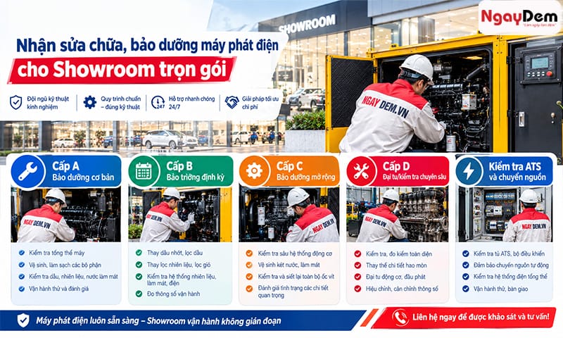 Ngày Đêm - chuyên bảo dưỡng sửa chữa máy phát điện showroom trọn gói theo cấp độ Bảo dưỡng máy phát điện cho showroom, cửa hàng trưng bày chuyên sâu