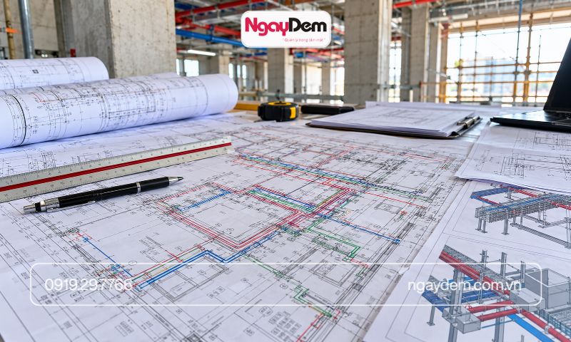 Cận cảnh bản vẽ M&E trên bàn cùng mô hình tuyến điện nước