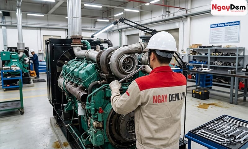 Kỹ thuật viên kiểm tra và sửa chữa turbo máy phát điện diesel quy trình bảo dưỡng bảo trì máy phát điện