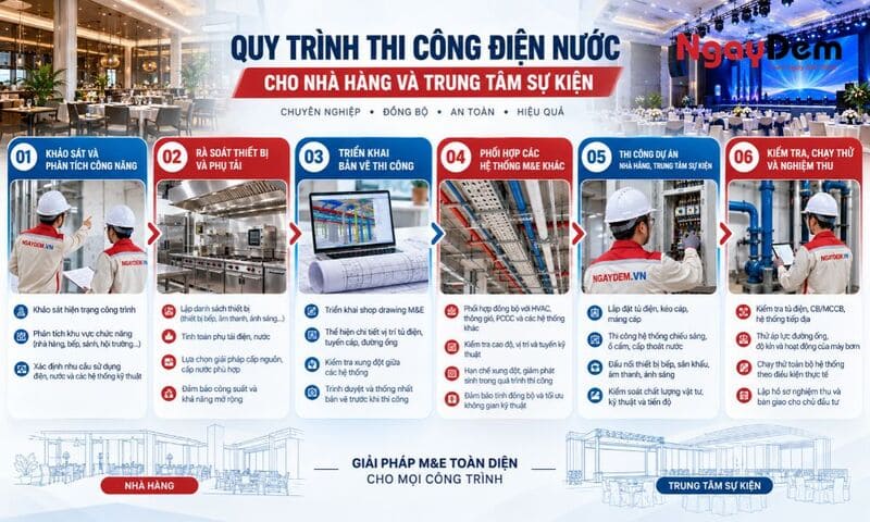 thi công điện nước cho nhà hàng, trung tâm tổ chức sự kiện