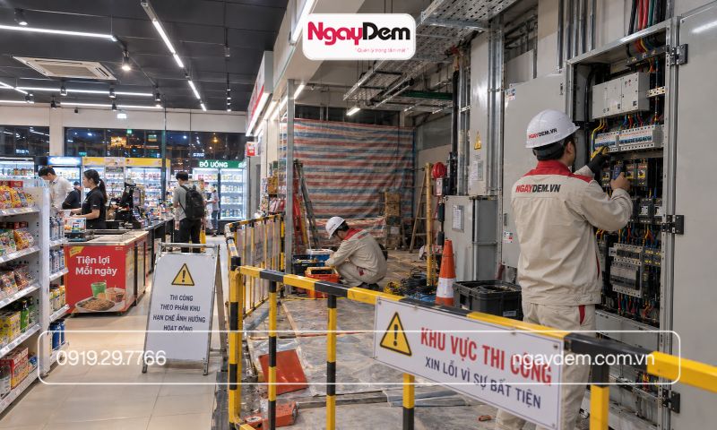 thi công điện nước cho siêu thị, cửa hảng tiện lợi