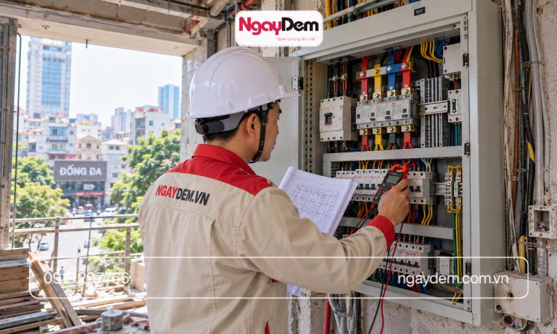 Kiểm tra tủ điện khi thi công điện nước tại Đống Đa
