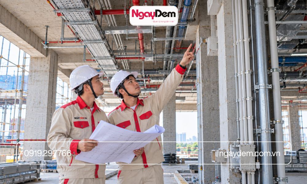 Kỹ sư kiểm tra bản vẽ M&E tại công trình Gia Lâm