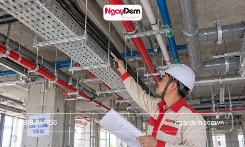 Phối hợp máng cáp và đường ống M&E trong công trình tại Hoàng Mai