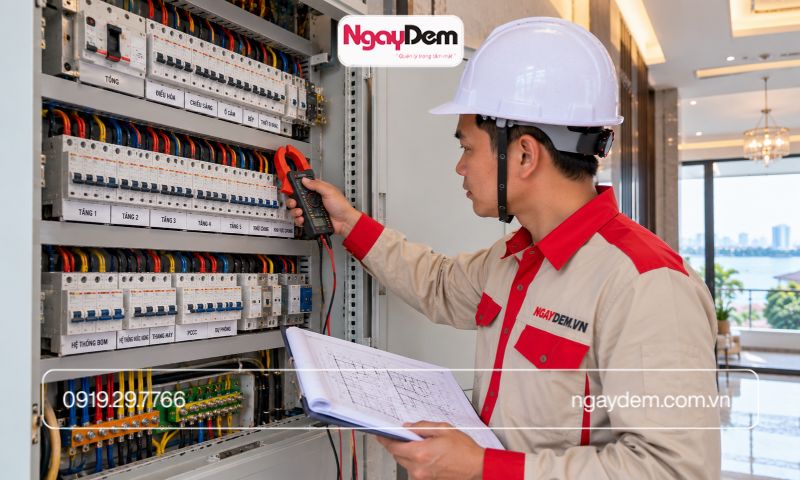 Kiểm tra tủ điện khi thi công điện nước tại Tây Hồ