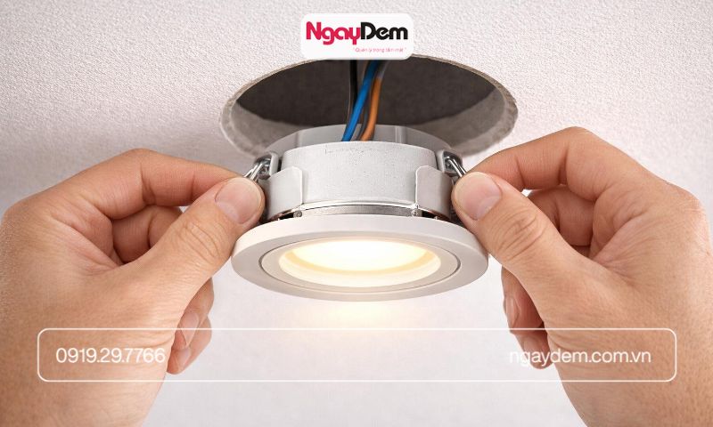 Kỹ thuật viên thi công đèn LED tại công trình.