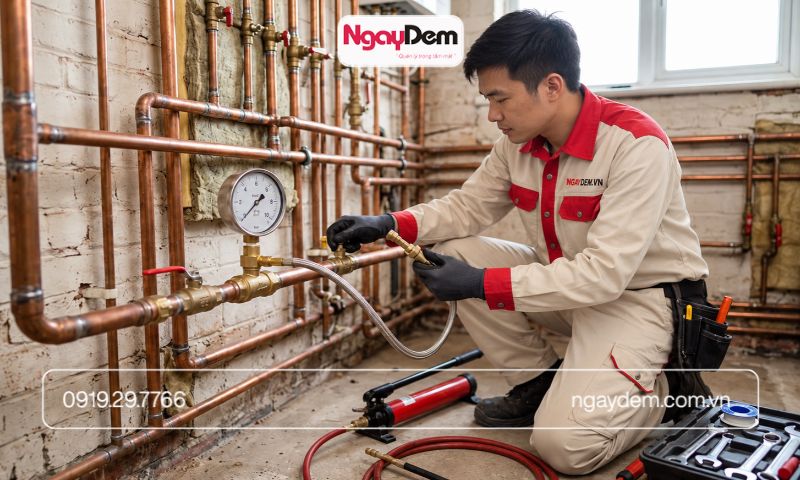 thử áp sau khi lắp đặt hệ thống cấp thoát nước