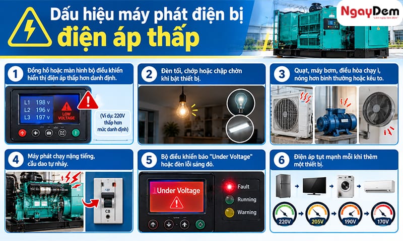 Dấu hiệu phát hiện ngay khi máy phát điện báo lỗi điện áp thấp Máy phát điện báo lỗi điện áp thấp: Dấu hiệu và hướng xử lý